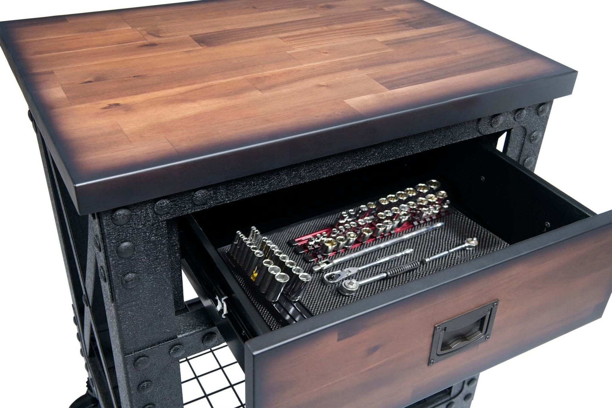 Industrial workbench by Duramax with open drawer showing tools, wooden top, and black metal frame, model 68003, suitable for home or garage.