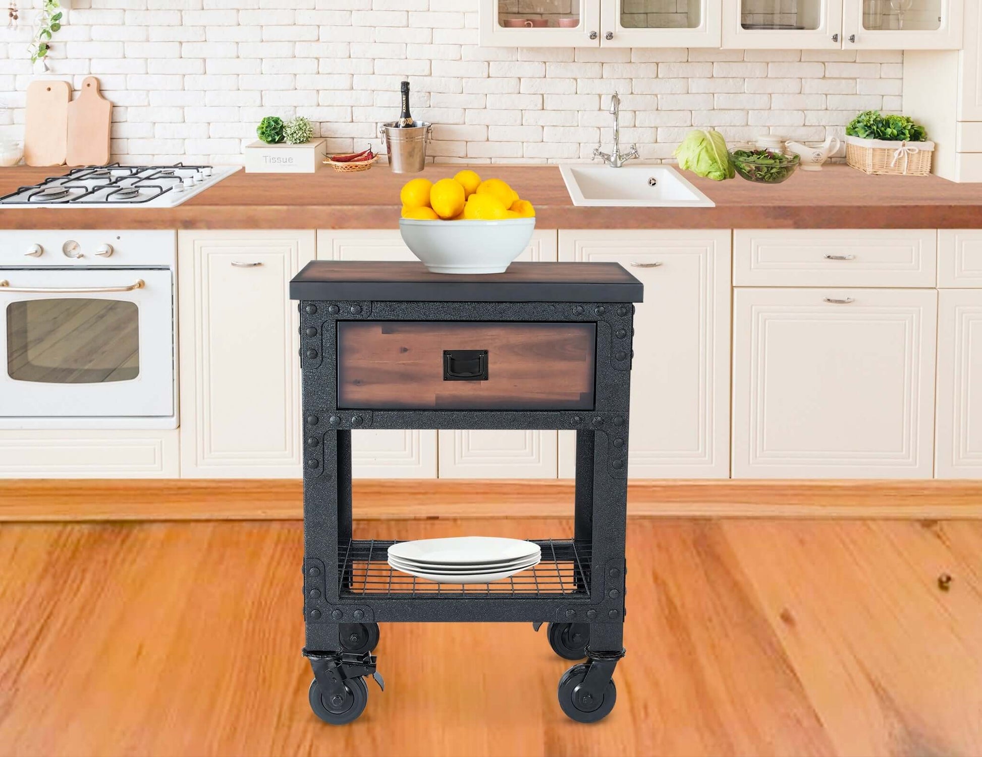 Industrial-style rolling workbench by Duramax in a kitchen setting, featuring a drawer and lower shelf for storage and organization.