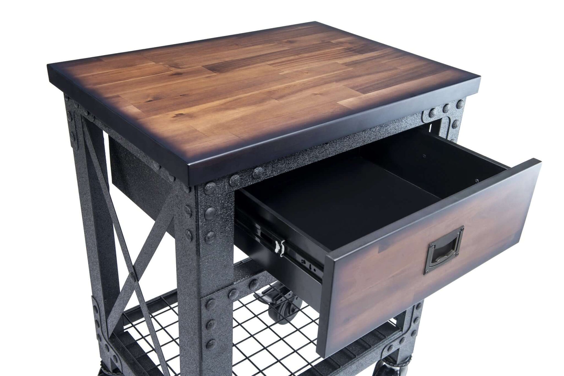 Duramax 27.6 x 20 in 1-Drawer Rolling Industrial Workbench with open drawer, sturdy metal frame, and lower wire shelf.