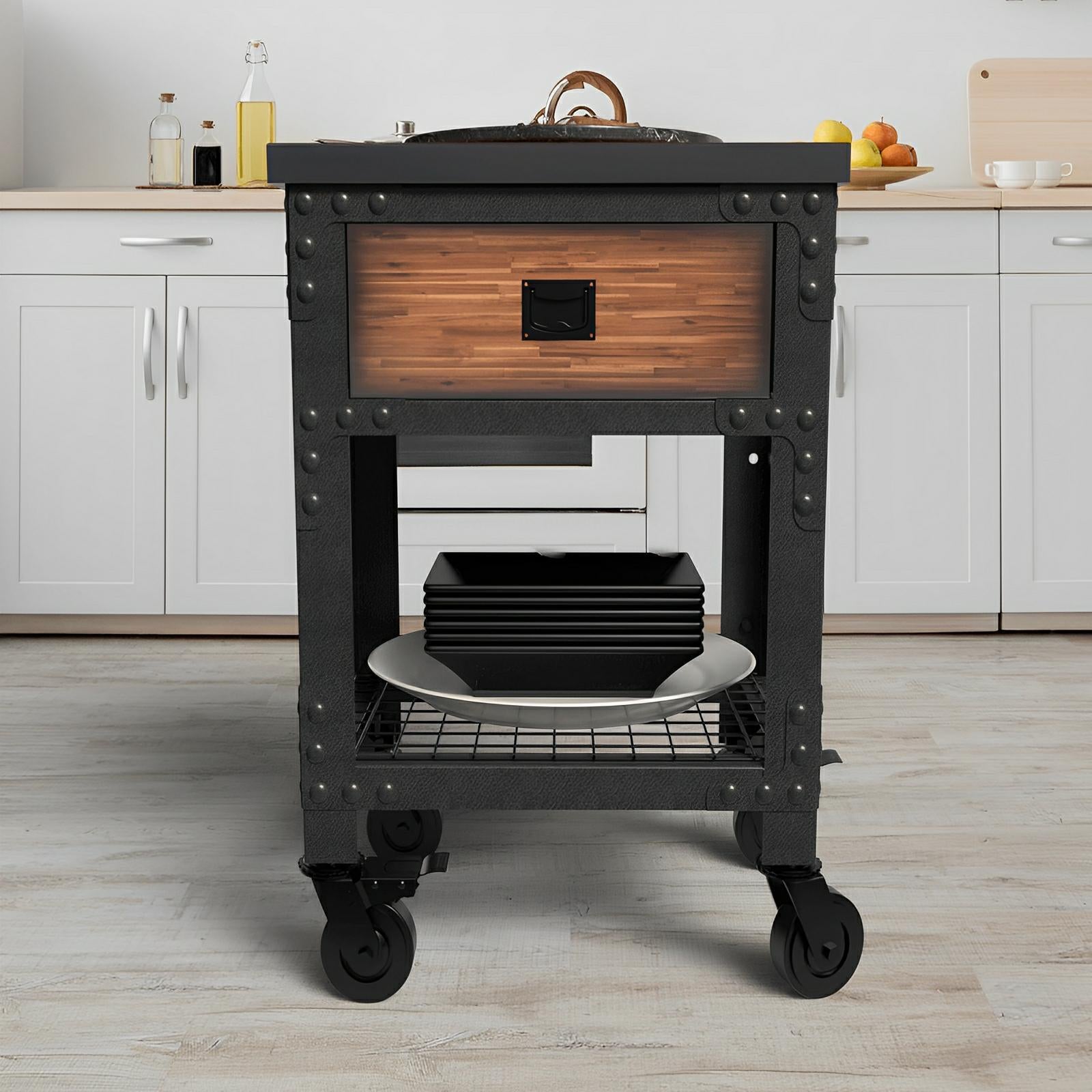 Duramax 27.6 x 20 in 1-Drawer Rolling Industrial Workbench in a kitchen setting, showcasing its sturdy design and functionality.