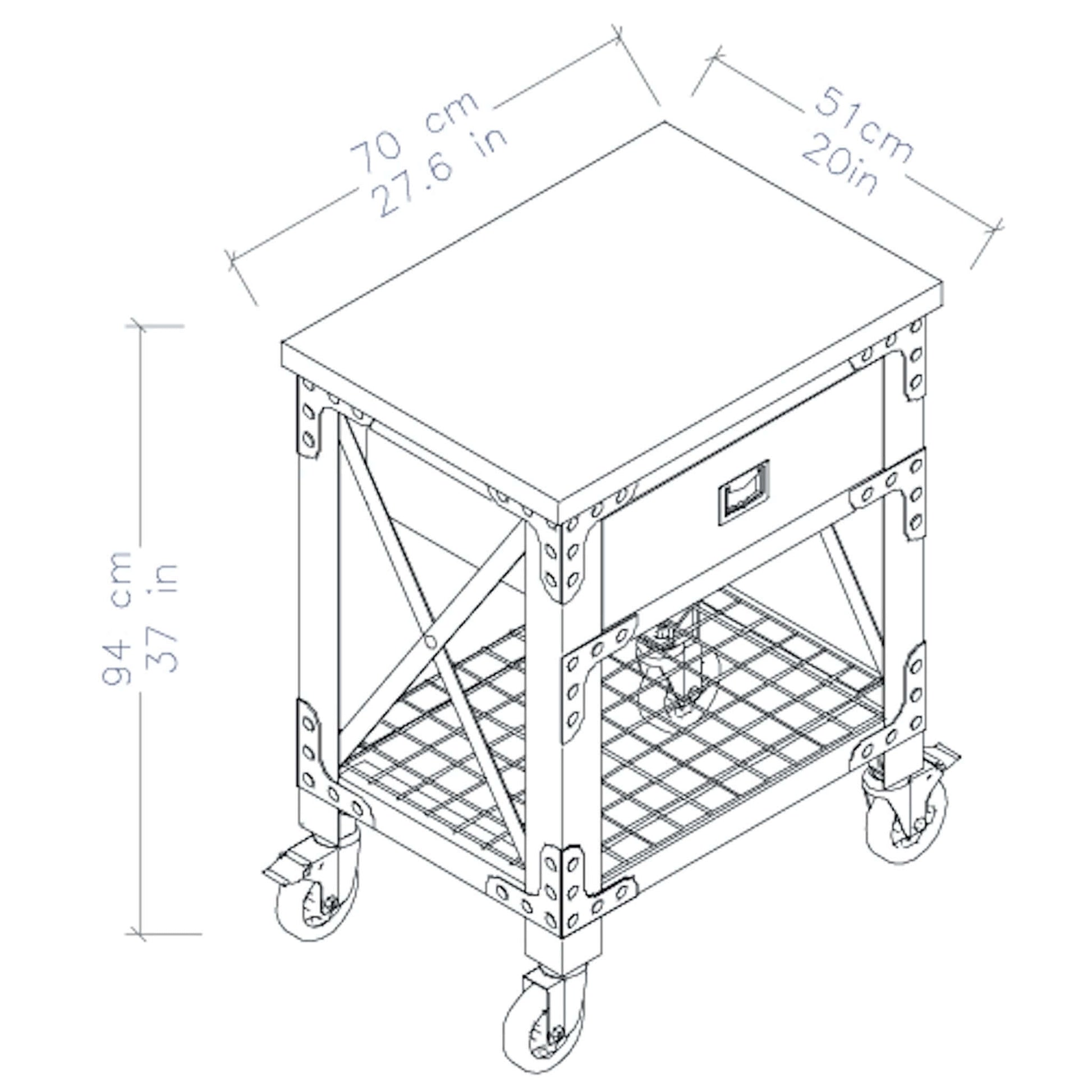 Duramax 27.6 x 20 in rolling industrial workbench with 1-drawer, illustrated dimensions, ideal for heavy-duty use in home or garage.