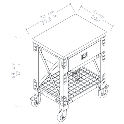 Duramax 27.6 x 20 in rolling industrial workbench with 1-drawer, illustrated dimensions, ideal for heavy-duty use in home or garage.