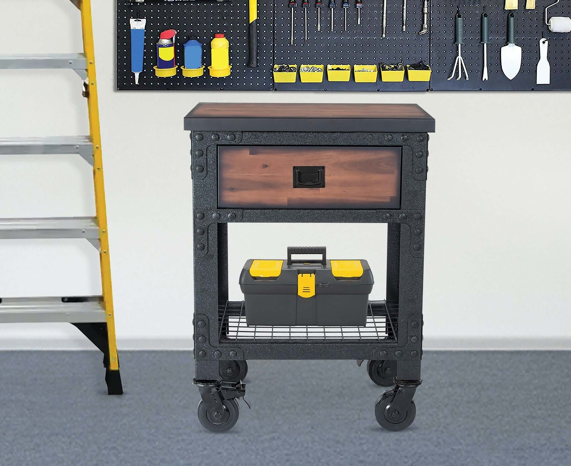 Duramax 1-Drawer Rolling Industrial Workbench in a garage setting, showcasing sturdy design and tool storage capabilities.