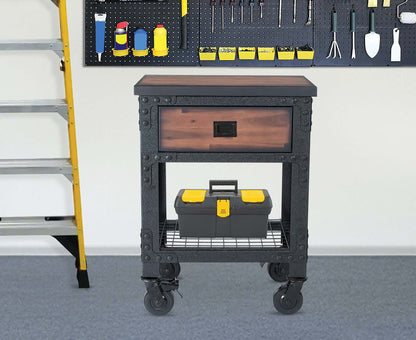 Duramax 1-Drawer Rolling Industrial Workbench in a garage setting, showcasing sturdy design and tool storage capabilities.
