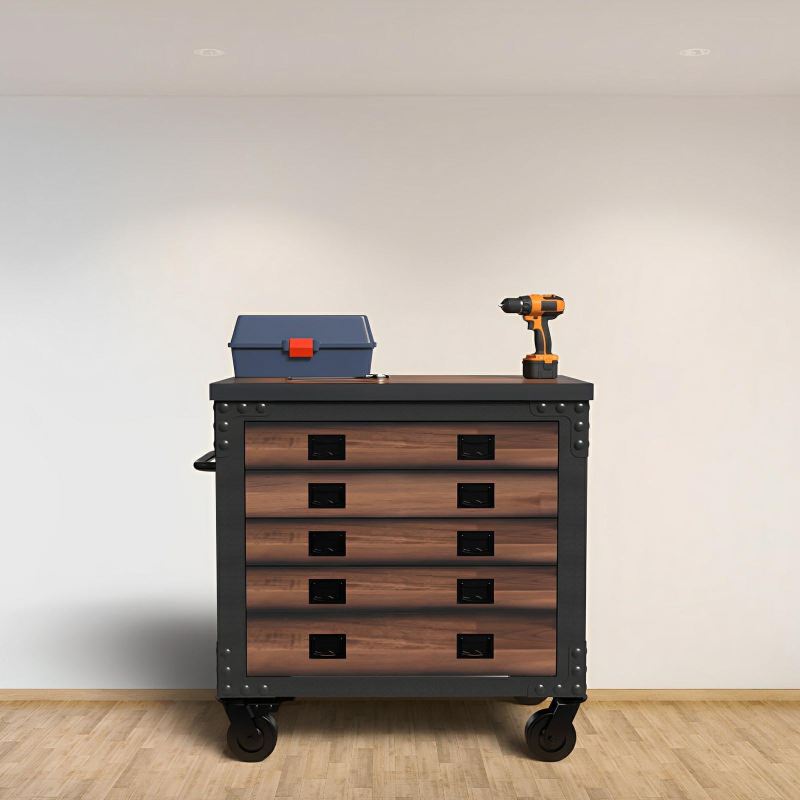 Duramax 36-inch 5-drawer rolling tool chest with wood top in industrial setting, featuring durable metal frame and ample storage.