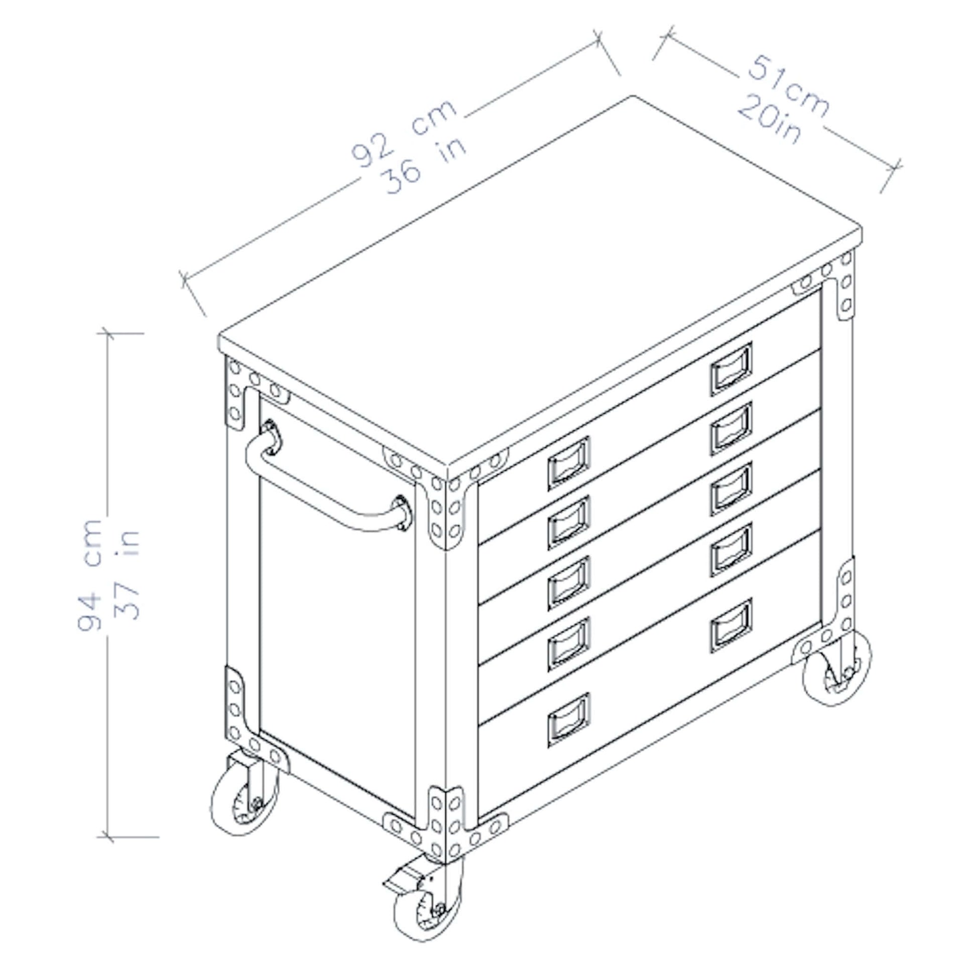 Illustration of Duramax 36" 5-Drawer Rolling Tool Chest with Wood Top, featuring dimensions and sturdy metal frame design.