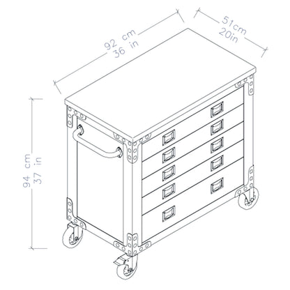 Illustration of Duramax 36" 5-Drawer Rolling Tool Chest with Wood Top, featuring dimensions and sturdy metal frame design.