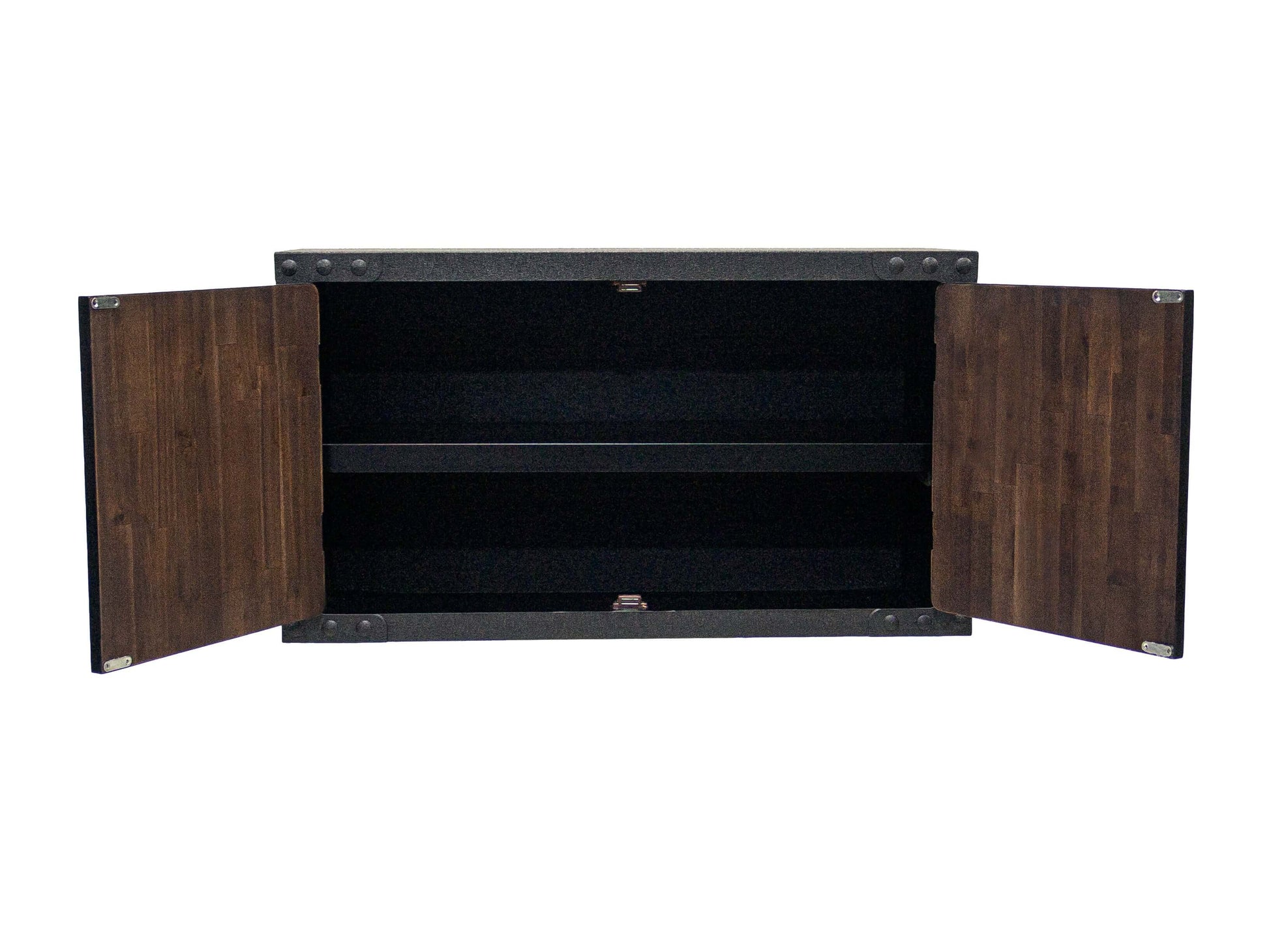 Open Duramax 36-inch industrial wall cabinet with wood-finished doors and spacious interior for versatile storage. Model 68030.