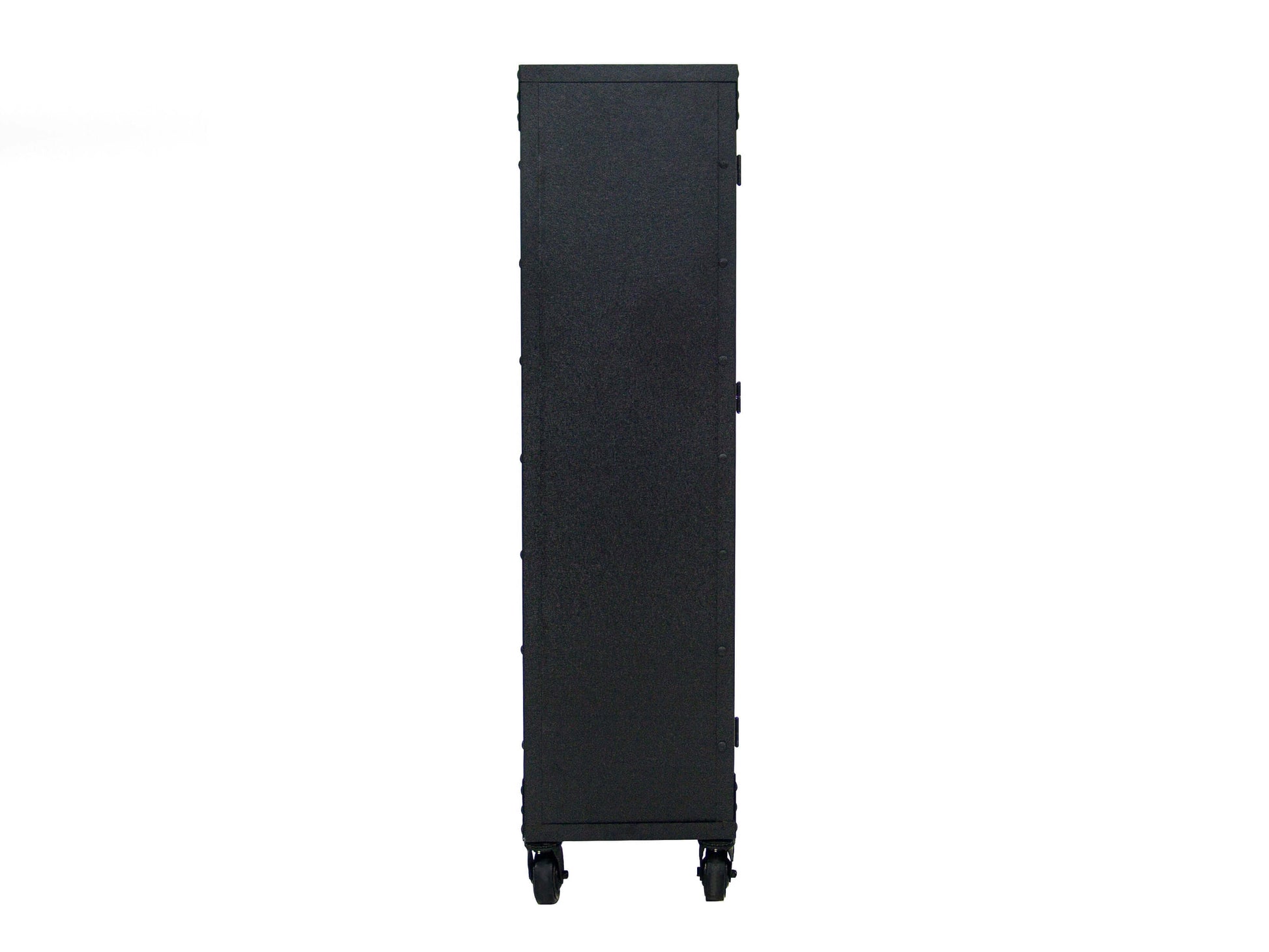 Duramax 36x72 industrial cabinet with wheels, black side view, ideal for home or garage storage, durable metal and wood design.