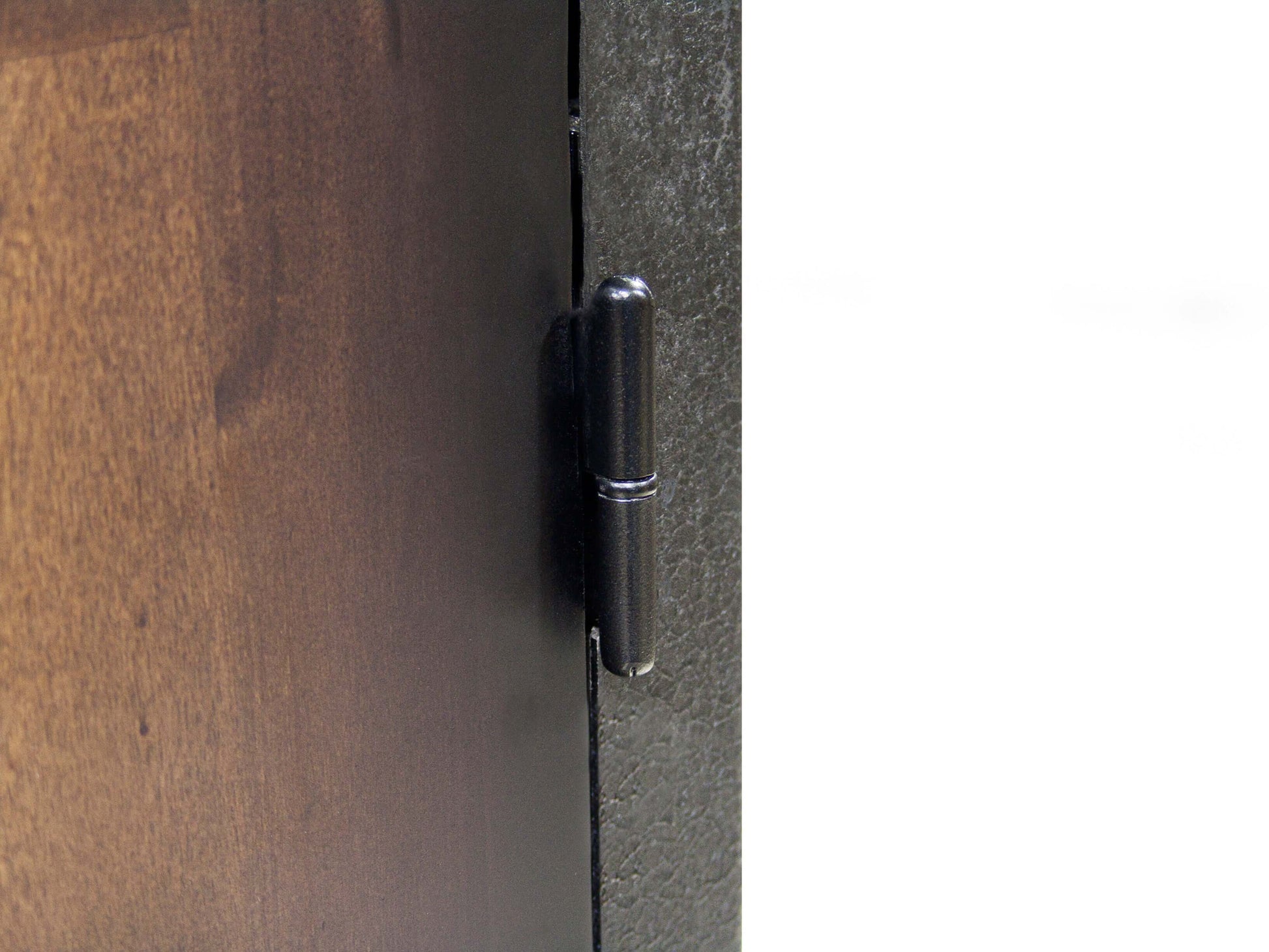 Close-up of hinge on Duramax 36 In x 72 In industrial cabinet door, showcasing durable metal and wood construction.