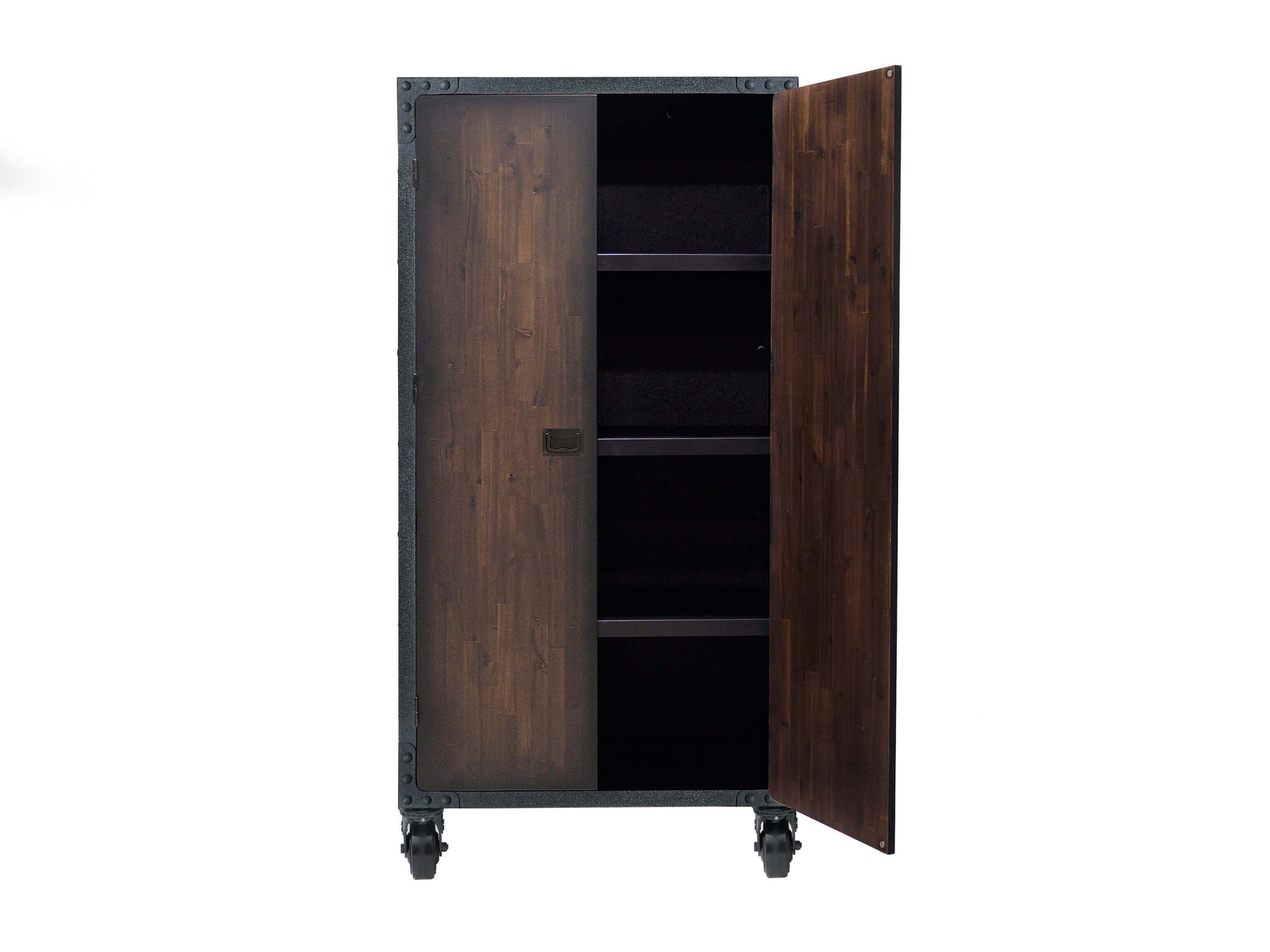 Duramax industrial cabinet 36x72 inches with wheels, metal shelves, and wood finish, ideal for home or garage storage.