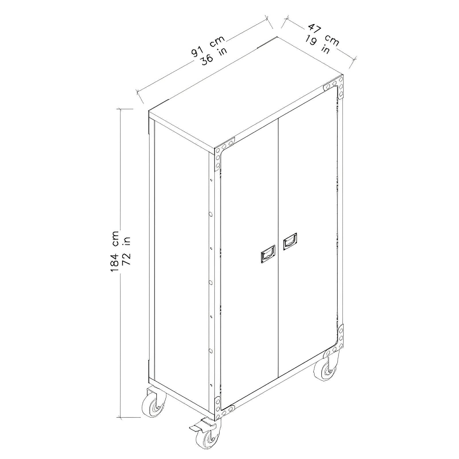 Duramax 36x72 industrial cabinet diagram showing dimensions and wheels, ideal for home or garage storage, made of metal and wood.