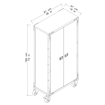Duramax 36x72 industrial cabinet diagram showing dimensions and wheels, ideal for home or garage storage, made of metal and wood.