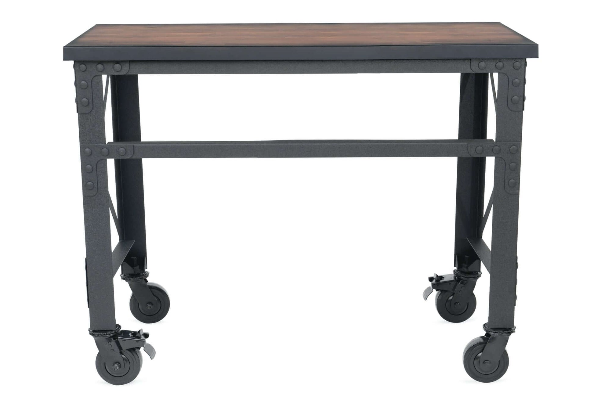 Duramax 46 In x 24 In Rolling Industrial Worktable with wooden top and sturdy metal frame on swivel caster wheels.