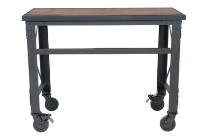 Duramax 46 In x 24 In Rolling Industrial Worktable with wooden top and sturdy metal frame on swivel caster wheels.