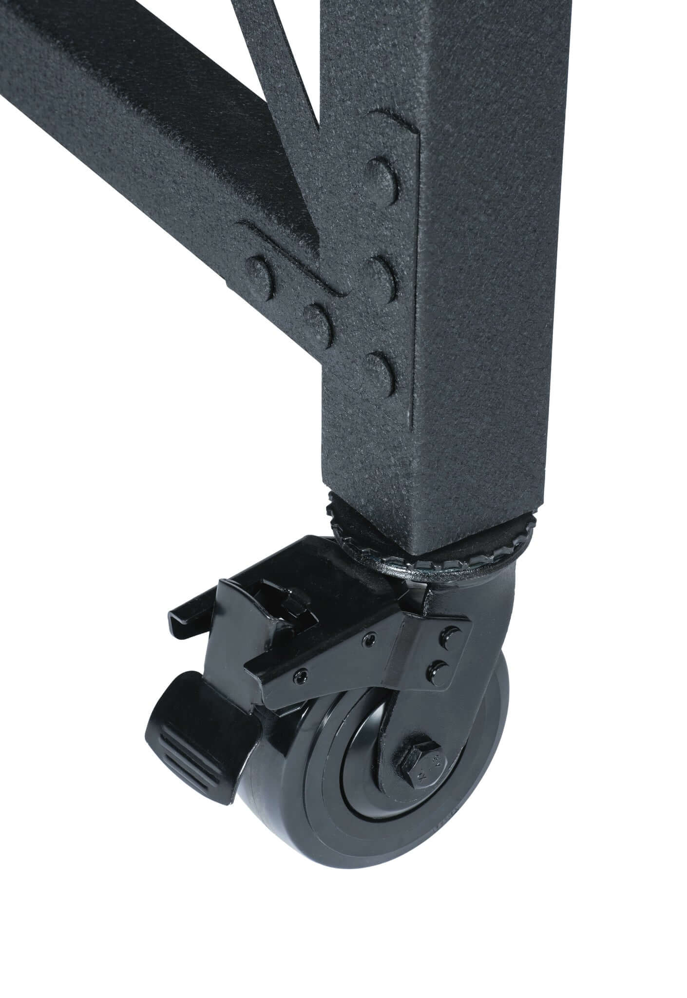 Close-up of Duramax Industrial Worktable caster wheel, showcasing sturdy black metal frame and swivel wheel for easy movement.