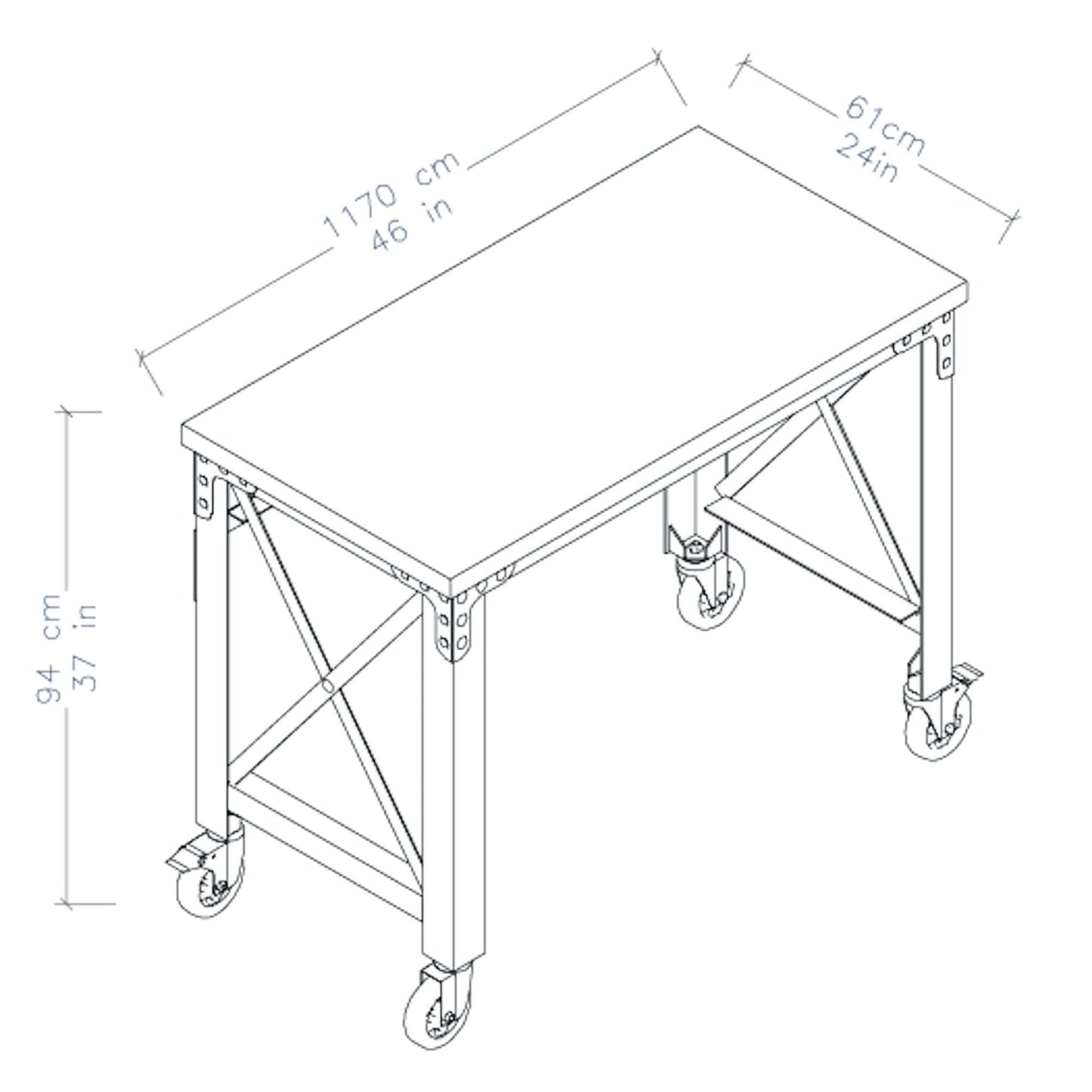 Diagram of the Duramax 46x24-inch Rolling Industrial Worktable, featuring metal frame and caster wheels for mobility.