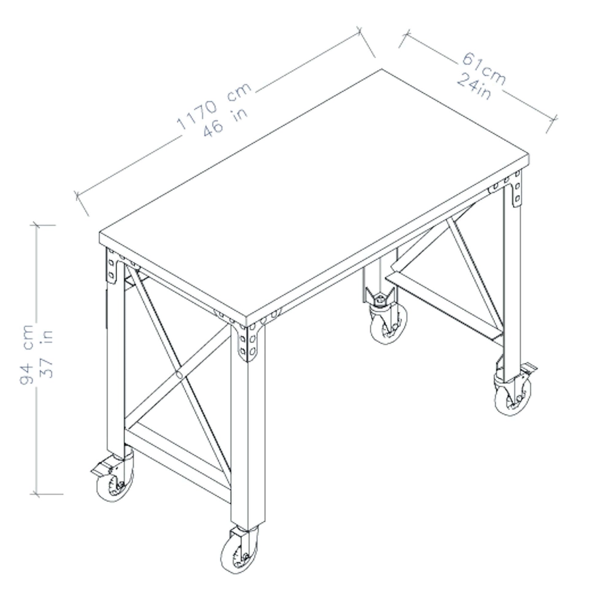 Diagram of the Duramax 46x24-inch Rolling Industrial Worktable, featuring metal frame and caster wheels for mobility.
