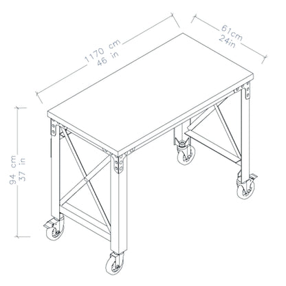 Diagram of the Duramax 46x24-inch Rolling Industrial Worktable, featuring metal frame and caster wheels for mobility.