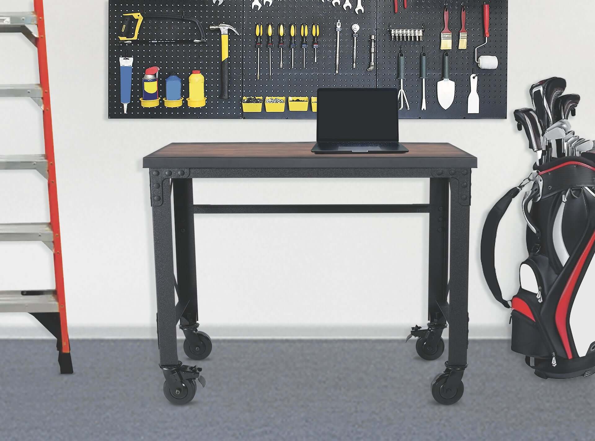 Duramax 46x24 industrial worktable with caster wheels and wooden top in a workshop setting, perfect for mobile workspace needs.