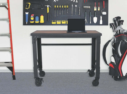 Duramax 46x24 industrial worktable with caster wheels and wooden top in a workshop setting, perfect for mobile workspace needs.