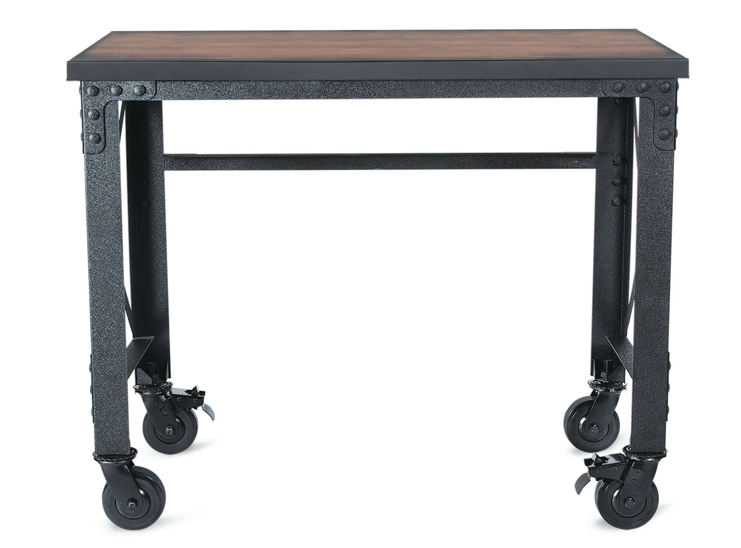Duramax Industrial Worktable 68023 with wooden top and metal frame on caster wheels for easy mobility.