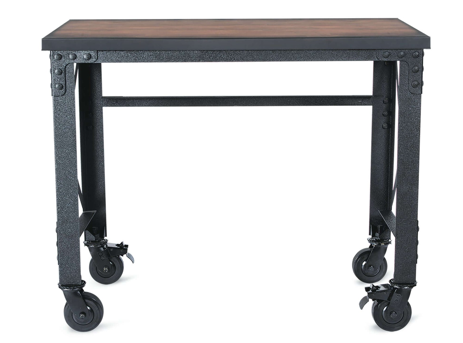 Duramax Industrial Worktable 68023 with wooden top and metal frame on caster wheels for easy mobility.