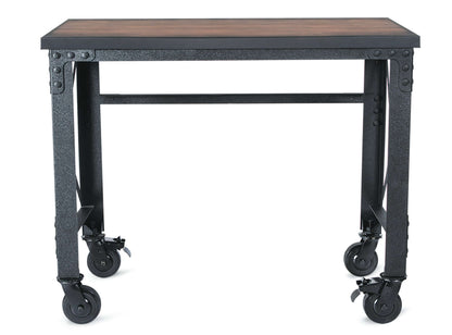Duramax Industrial Worktable 68023 with wooden top and metal frame on caster wheels for easy mobility.
