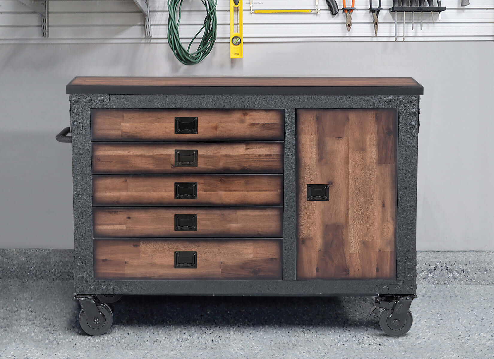 Duramax 48 In 5 Drawer Rolling Tool Chest with Wood Top in a garage setting, featuring side cabinet and sturdy wheels.