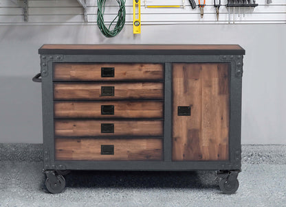 Duramax 48 In 5 Drawer Rolling Tool Chest with Wood Top in a garage setting, featuring side cabinet and sturdy wheels.
