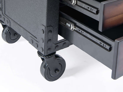 Close-up of Duramax 48 In 5 Drawer Rolling Tool Chest with open drawers and smooth ball bearing slides, showing sturdy wheels.