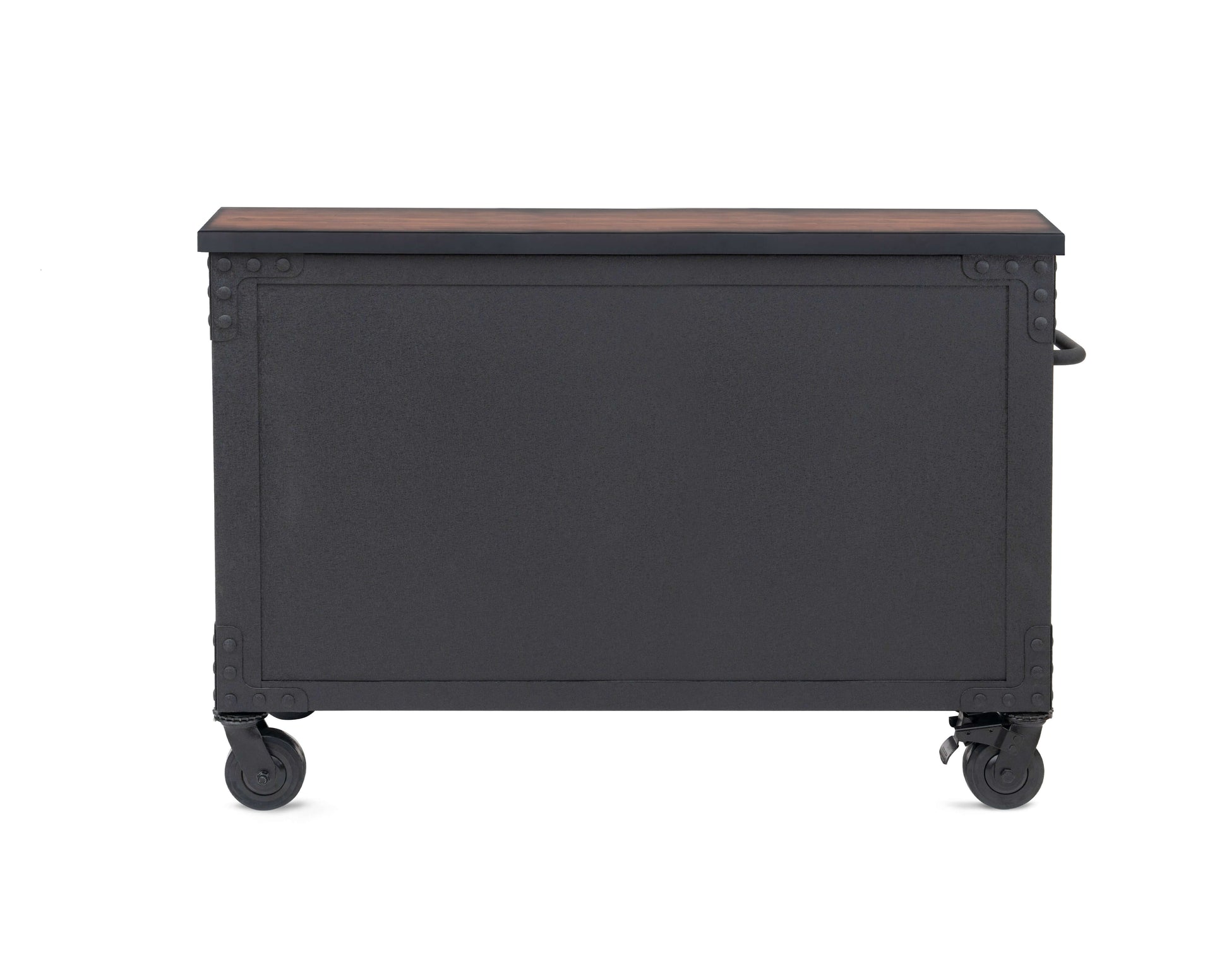 Duramax 48-inch 5-drawer rolling tool chest with wood top, ideal for garage or kitchen storage, shown from the rear view.