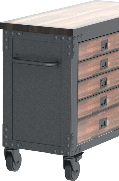 Duramax 48 In Rolling Tool Chest with 5 Drawers and Wood Top, ideal for garage storage, featuring sturdy wheels for easy movement.
