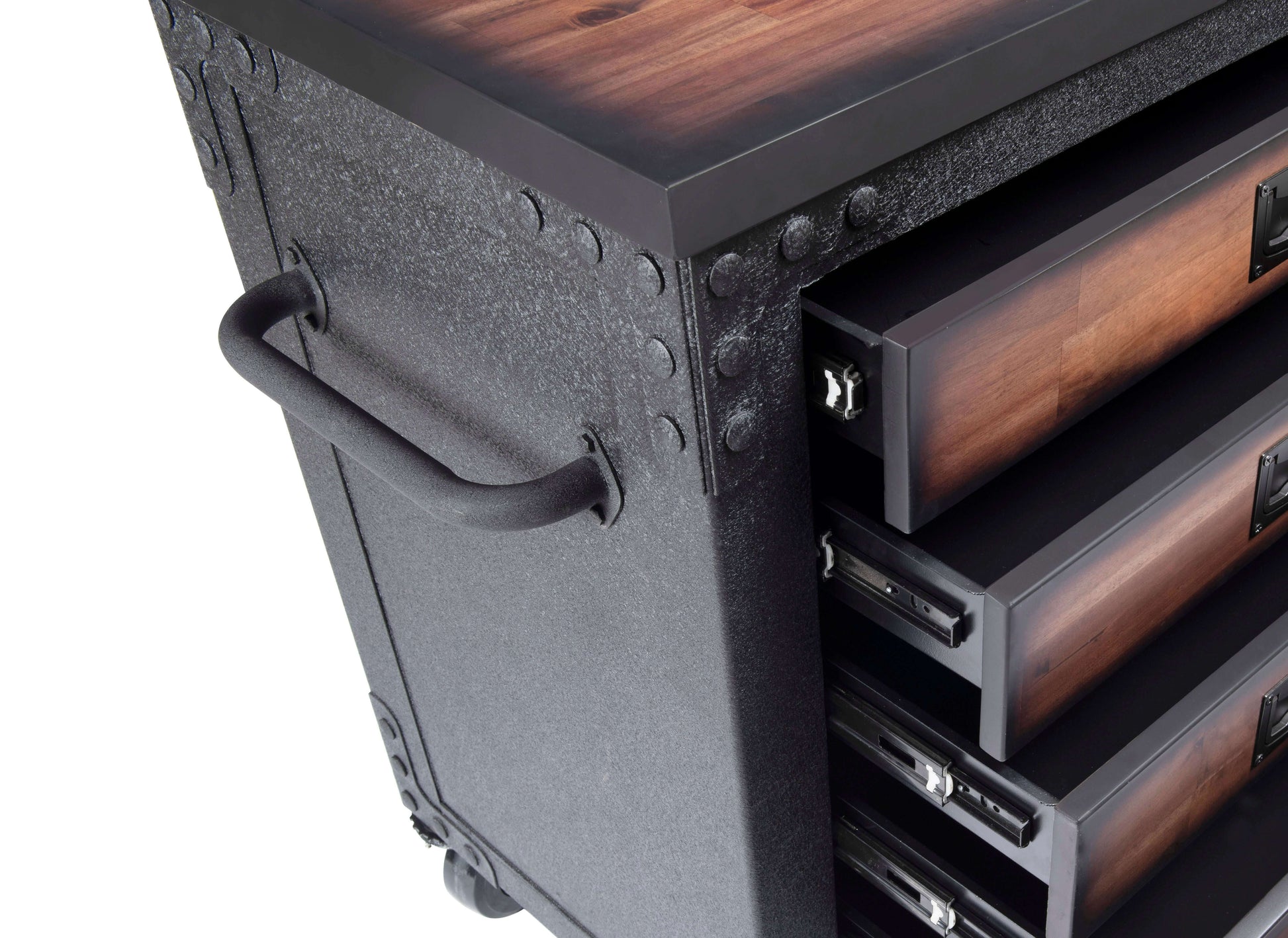 Duramax 48-inch rolling tool chest with wood top and open drawers, featuring ball bearing slides and side cabinet for storage.