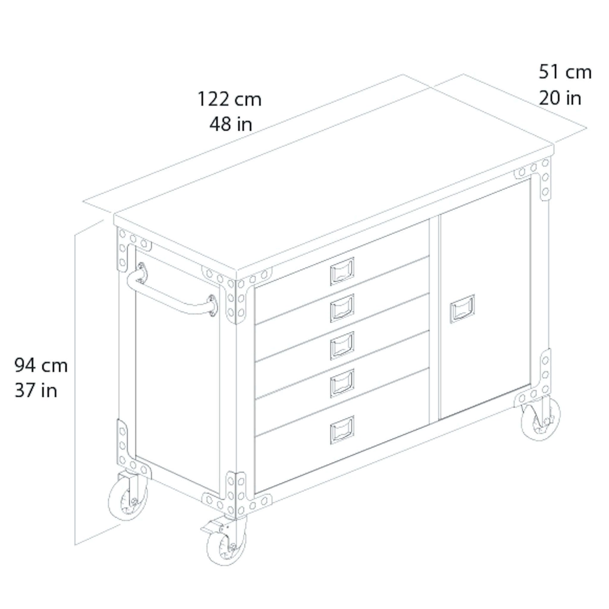 Diagram of the Duramax 48 inch 5-drawer rolling tool chest with wood top, dimensions 94 cm height, 51 cm depth, 122 cm width.