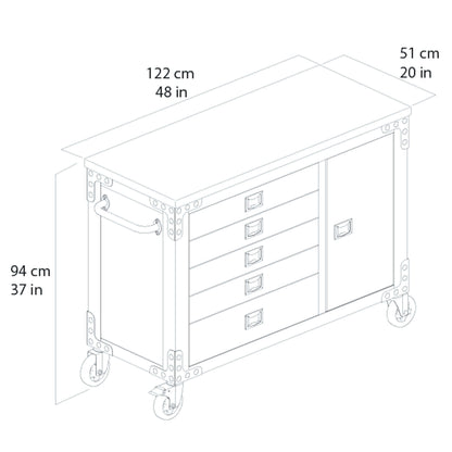 Diagram of the Duramax 48 inch 5-drawer rolling tool chest with wood top, dimensions 94 cm height, 51 cm depth, 122 cm width.