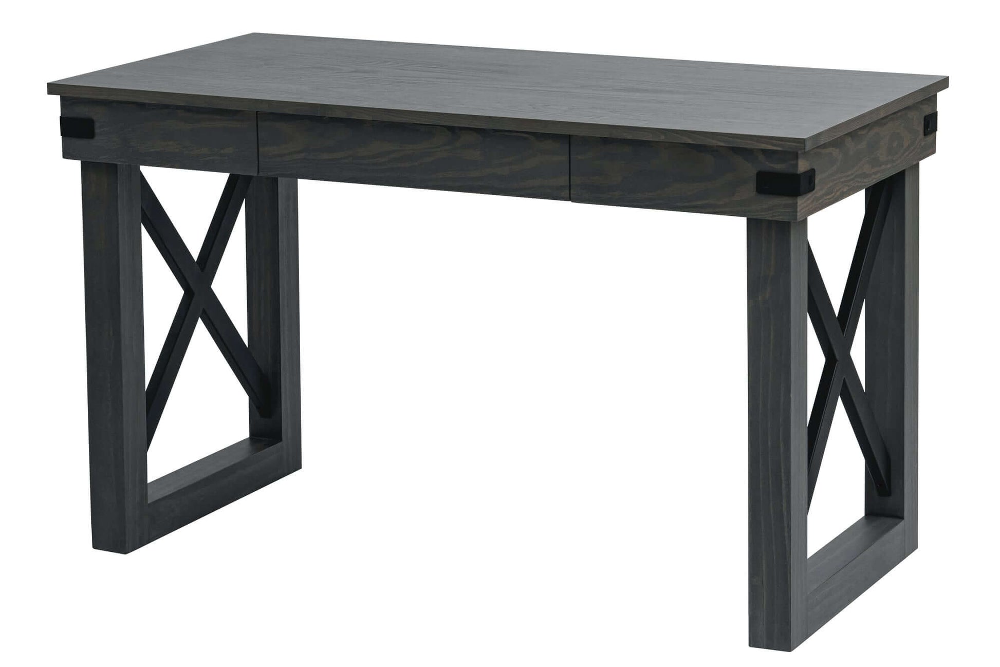Duramax 48 inch Felix wood desk with drawer, featuring a contemporary design with solid wood legs and black aluminium cross bar.