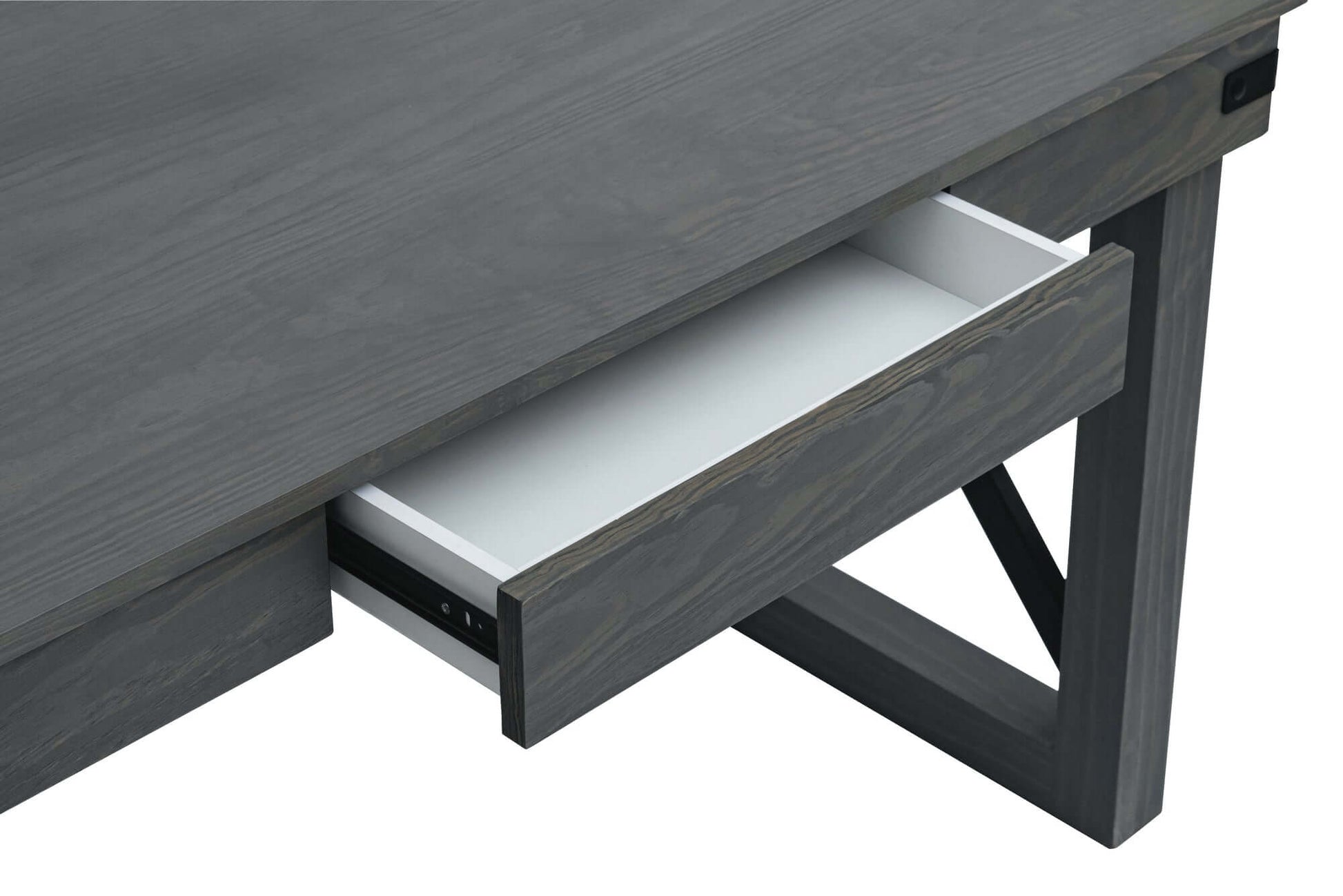 Duramax 48 In Felix Wood Desk with open drawer, showing black aluminum cross bar and solid wood legs, perfect for home office.