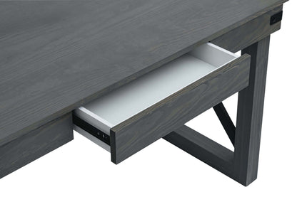 Duramax 48 In Felix Wood Desk with open drawer, showing black aluminum cross bar and solid wood legs, perfect for home office.