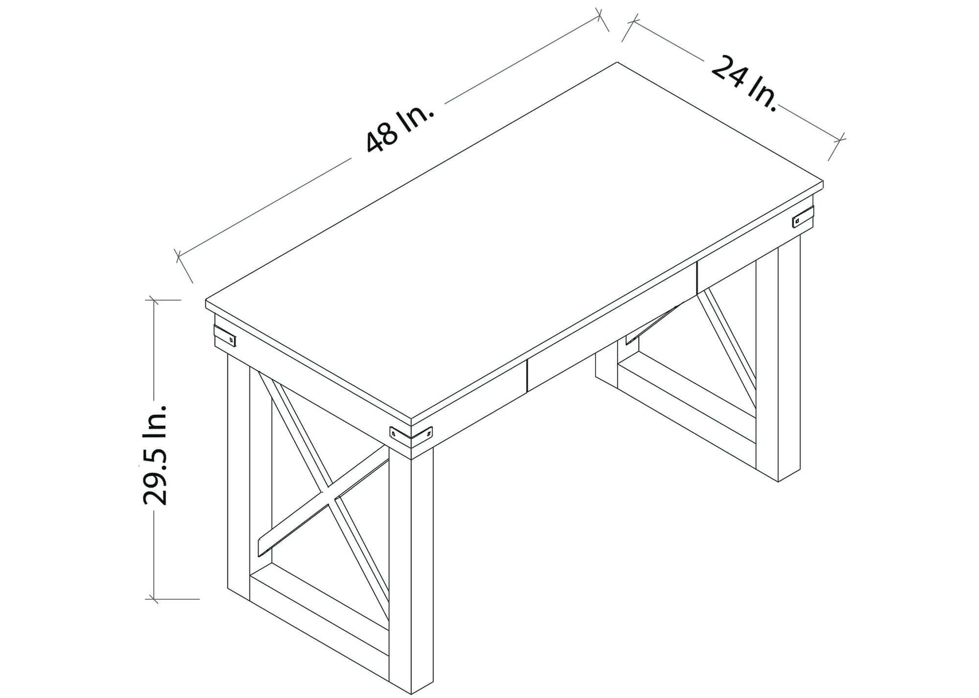 Diagram of Duramax 48 In Felix Wood Desk with dimensions 48x24x29.5 inches, featuring a drawer and stylish wood design.
