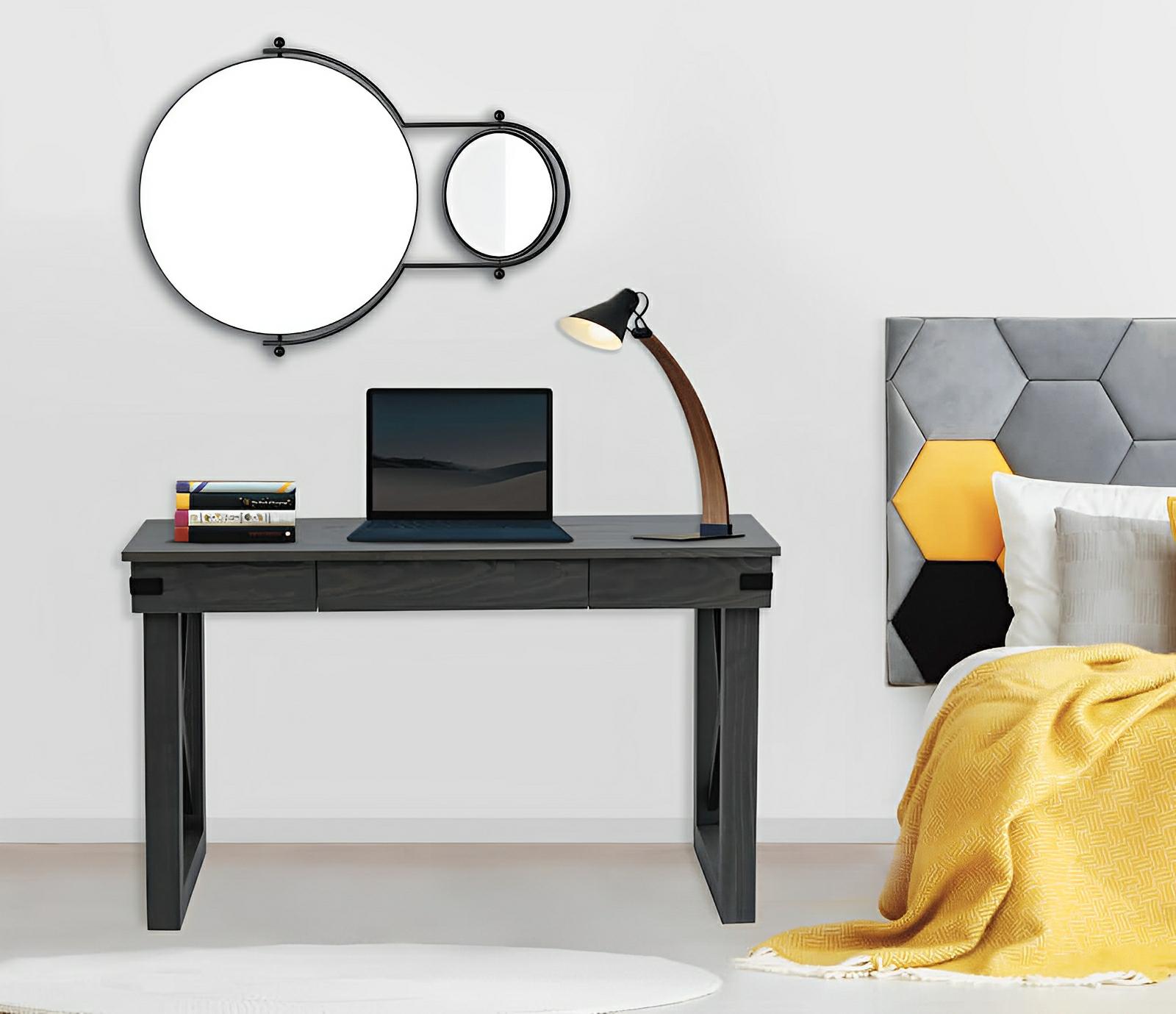 Stylish Duramax 48-inch Felix wood desk with drawer in a modern room setup, featuring a laptop and decorative wall mirrors.