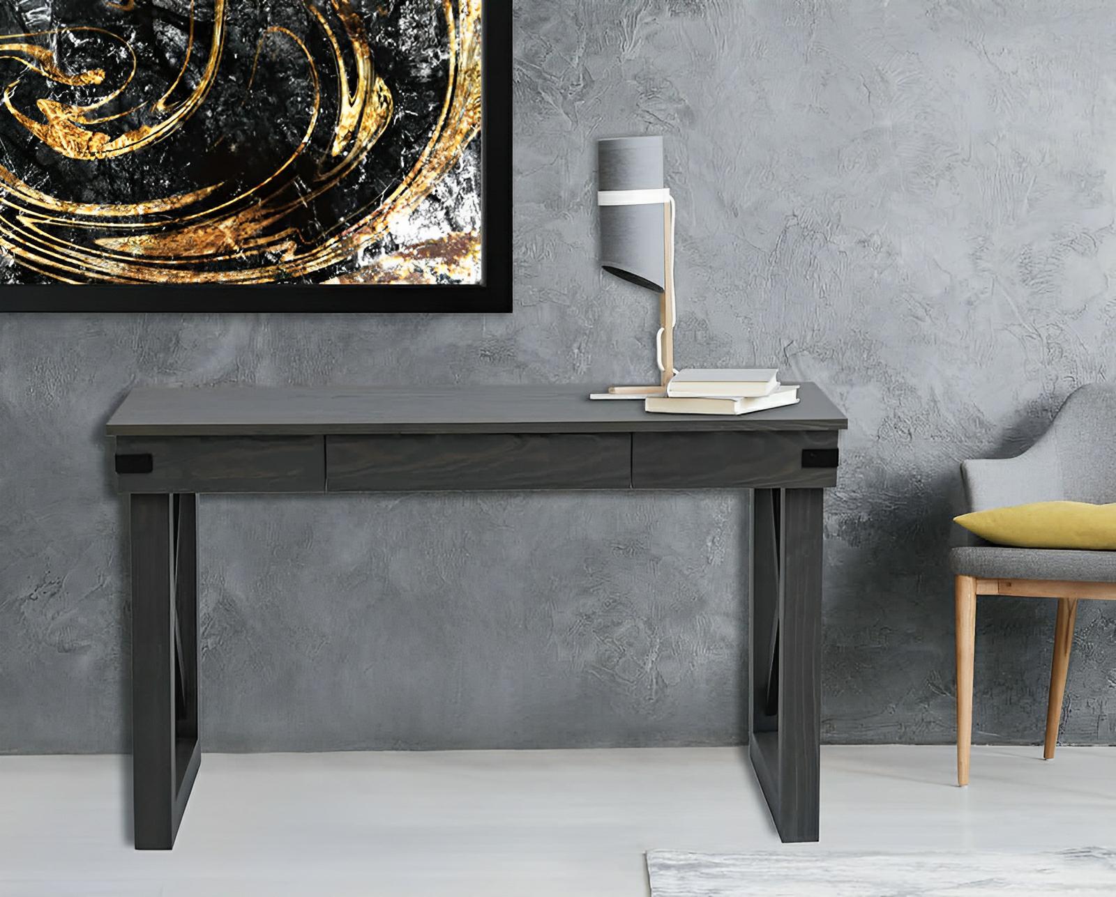Duramax 48 In Felix Wood Desk with Drawer in modern room, featuring black aluminum accents and solid wood legs, ideal for home office.