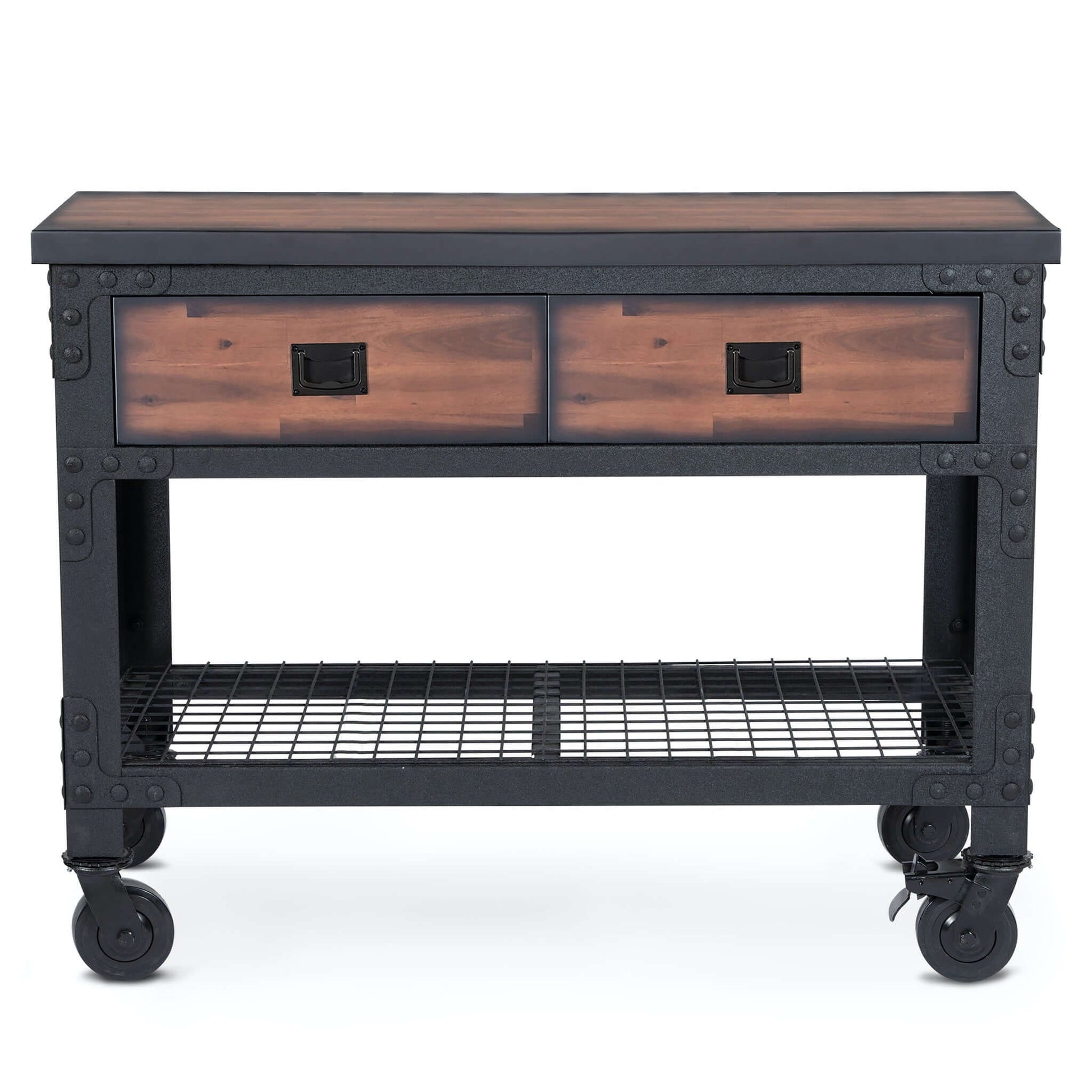 Duramax 48x24 industrial workbench with two drawers and rolling casters, ideal for home and garage use, offering ample storage.