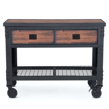 Duramax 48x24 industrial workbench with two drawers and rolling casters, ideal for home and garage use, offering ample storage.