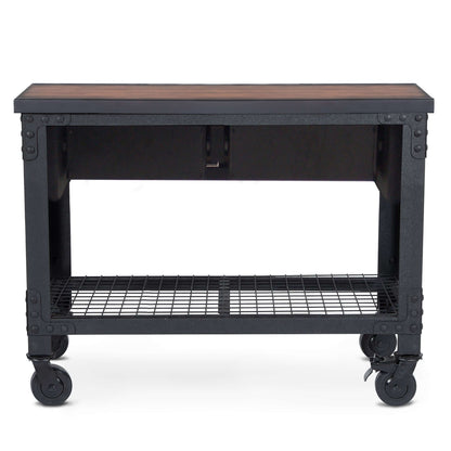 Duramax industrial workbench with casters and wire shelf, ideal for garages and home use.
