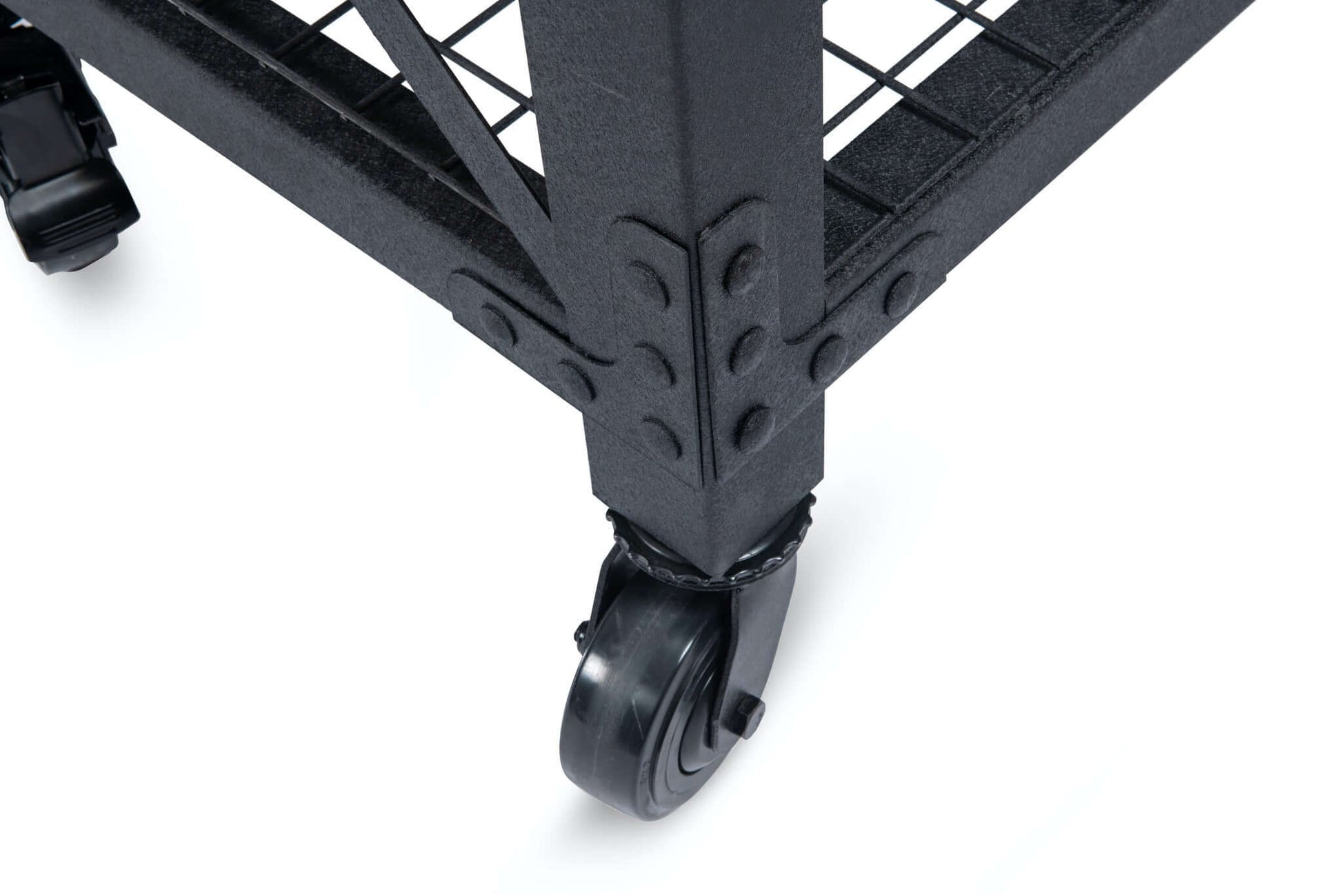 Close-up view of caster wheel on Duramax 2-Drawer Rolling Industrial Workbench, showcasing smooth mobility and textured metal frame.