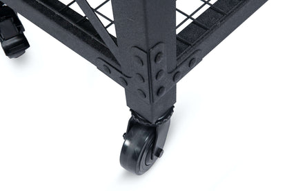Close-up view of caster wheel on Duramax 2-Drawer Rolling Industrial Workbench, showcasing smooth mobility and textured metal frame.