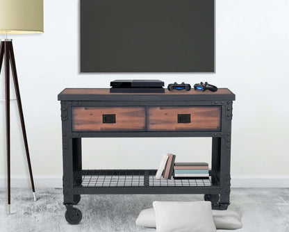 Duramax 48x24 in 2-Drawer Rolling Industrial Workbench with storage, featuring smooth-gliding wheels, in a modern home setting.