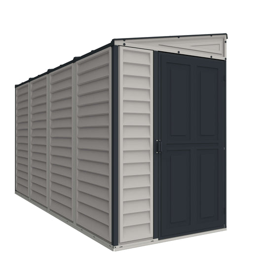 Duramax 4x10 SideMate PLUS Vinyl Shed with dark grey door, perfect outdoor storage solution by home for gardening tools. Duramax Sheds.