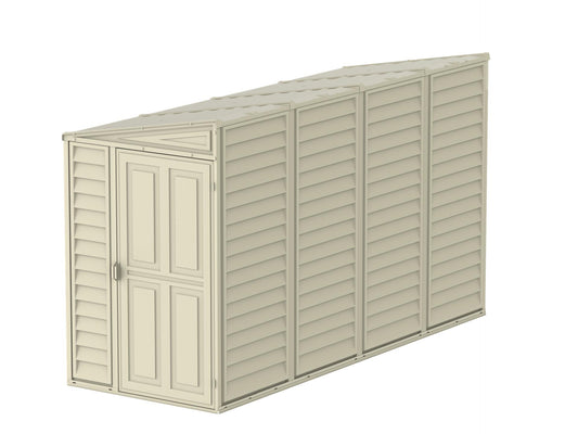 Duramax 4x10 SideMate Vinyl Shed in soft ivory, ideal for home storage with minimal maintenance. Weather-resistant and modern design.